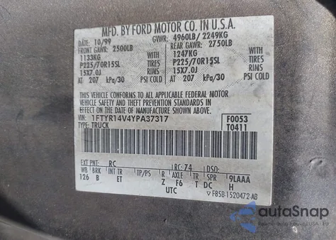 2000 Ford Ranger Xl/Xlt z USA, uszkodzony, nr VIN 1FTYR14V4YPA37317